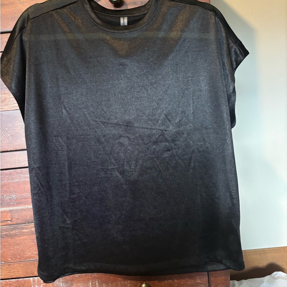 Anthropologie Silky Shimmer Black Short Sleeve Shirt Size L NWOT